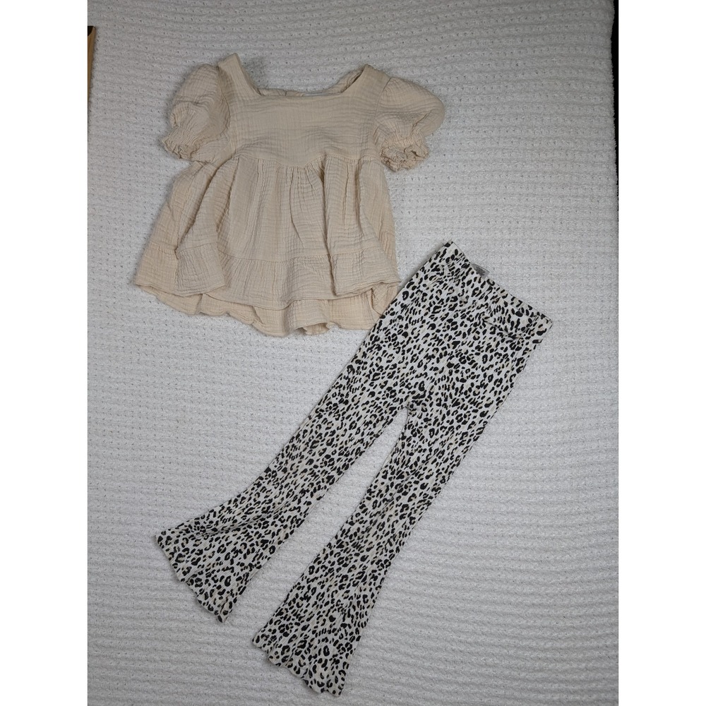 RZ by Rachel Zoe Toddler Girls 4T Cream Gauze Top and Leopard Flare Leggings Set